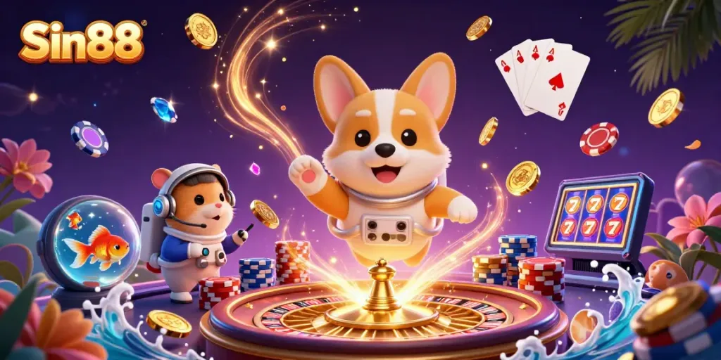 Join the fun at Sin88 with this vibrant 3D space-themed casino scene featuring lucky games!