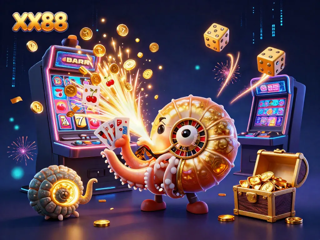 Experience the excitement of XX88 with a vibrant 3D rendering of a casino scene featuring a giant nautilus as a roulette wheel.