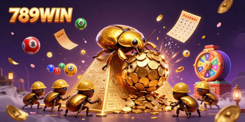 Explore exciting wins at 789WIN with a golden beetle, vibrant casino visuals, and a thrilling experience.