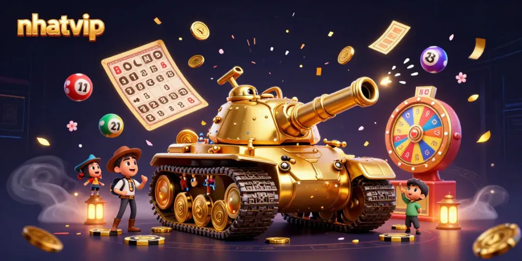 Nhatvip offers a captivating online casino experience, showcasing vibrant animated casino elements full of action.