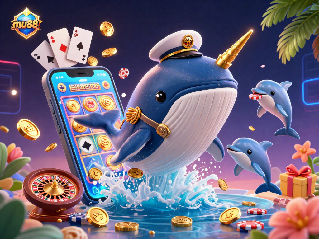 Experience thrilling wins at mu88 with cartoon whale and dolphins amidst golden coins and poker chips.
