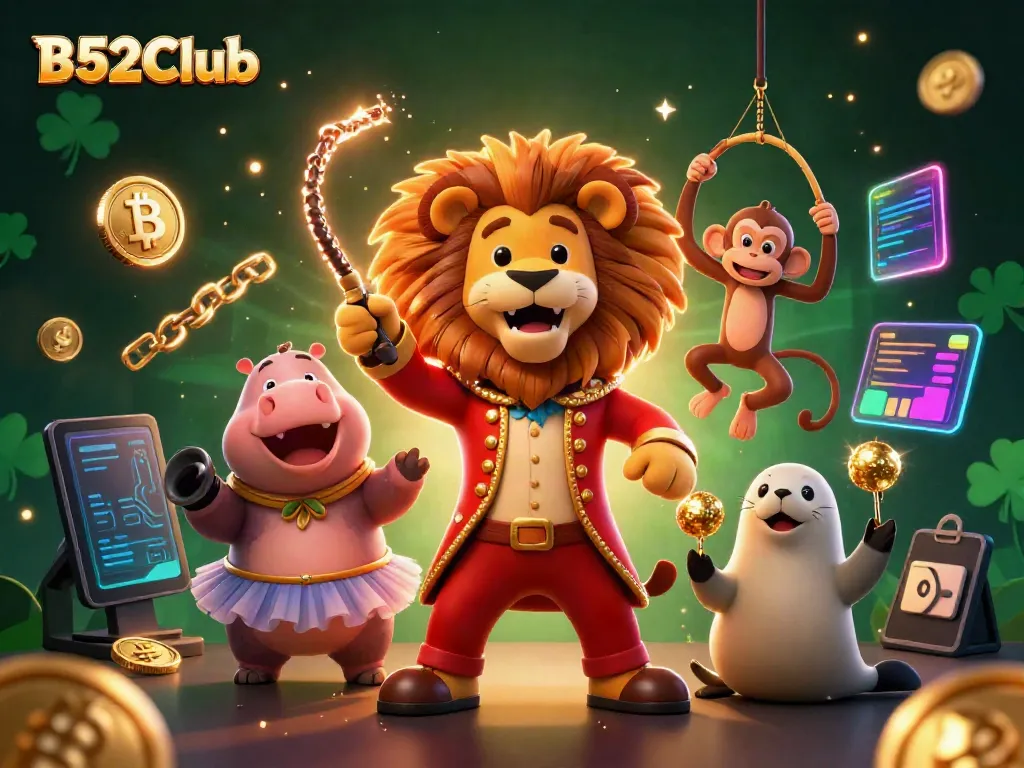 Engage with B52Club's thrilling casino experience featuring intricate 3D characters and neon crypto elements.