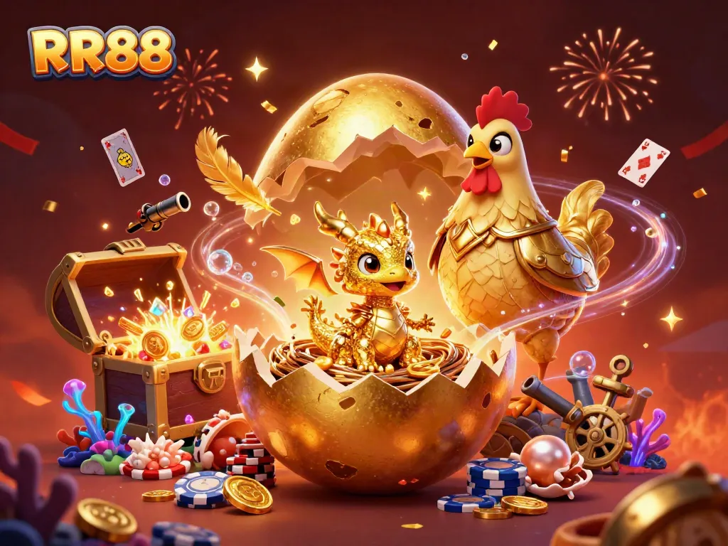 RR88 showcases a golden dragon and poker chips in a vibrant 3D casino-themed illustration.