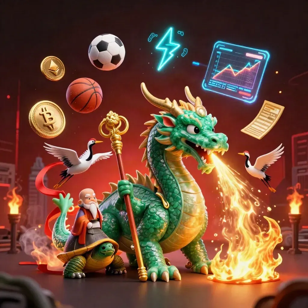 Emerald dragon, turtle sage, cranes, sports balls, crypto coins and neon casino glow.