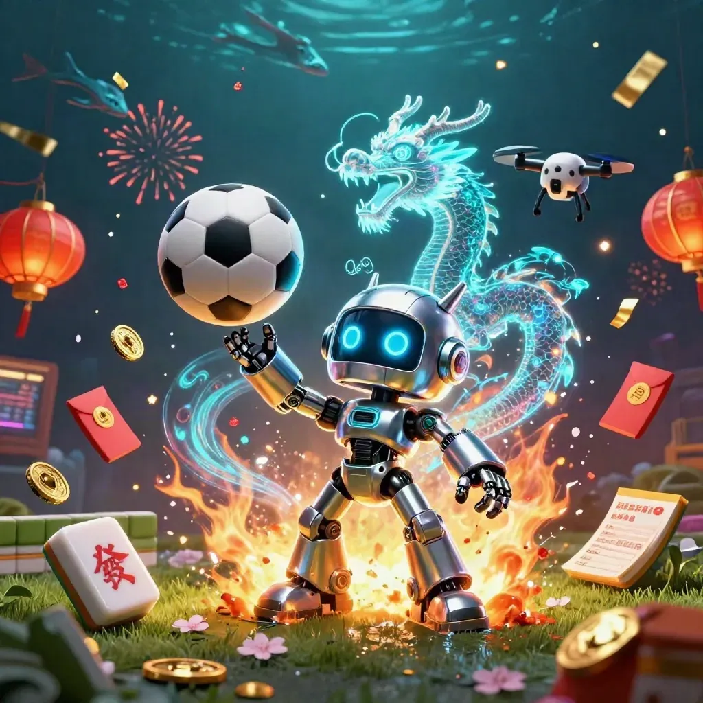 Chrome robot mascot, hologram dragon and coin drone explode around a flying soccer ball in neon casino light