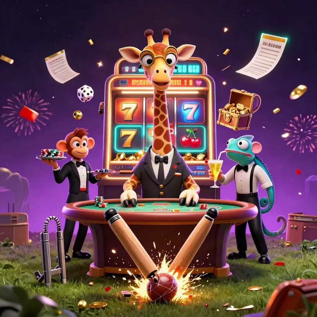 Cartoon giraffe, monkey, and chameleon amid a cricket burst, casino sparks, and gold