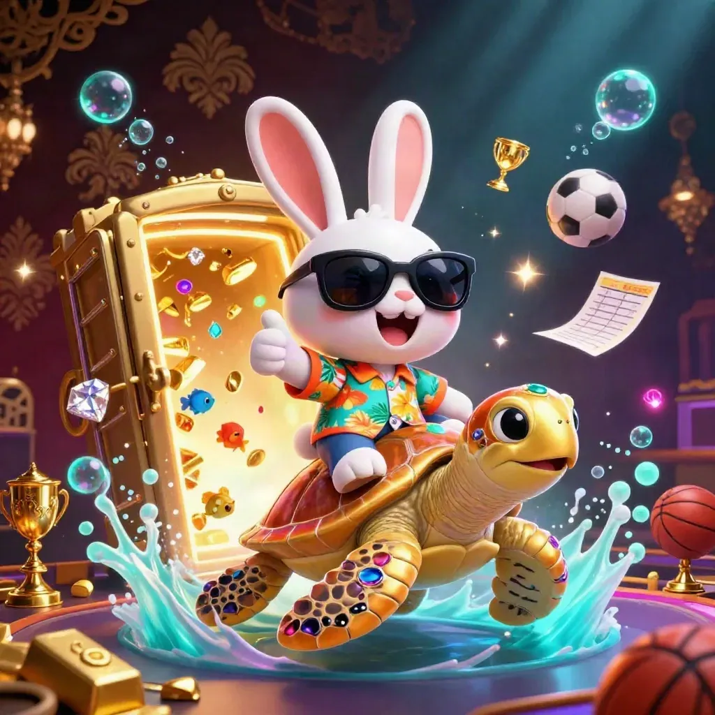 Rabbit on a golden sea turtle amid casino treasure, neon glow, and underwater effects.