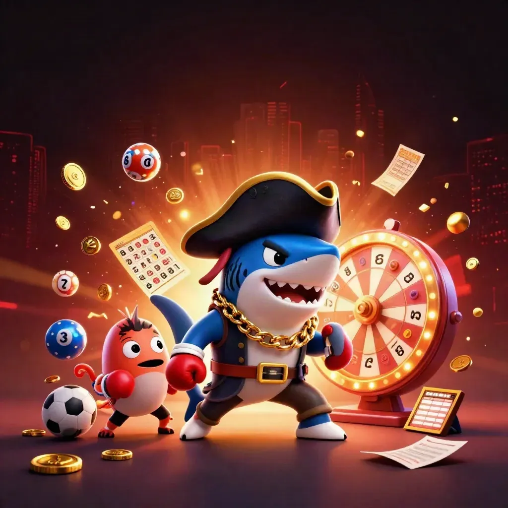 Pirate shark, pufferfish and octopus amid casino prizes, balls, wheel and neon glow.