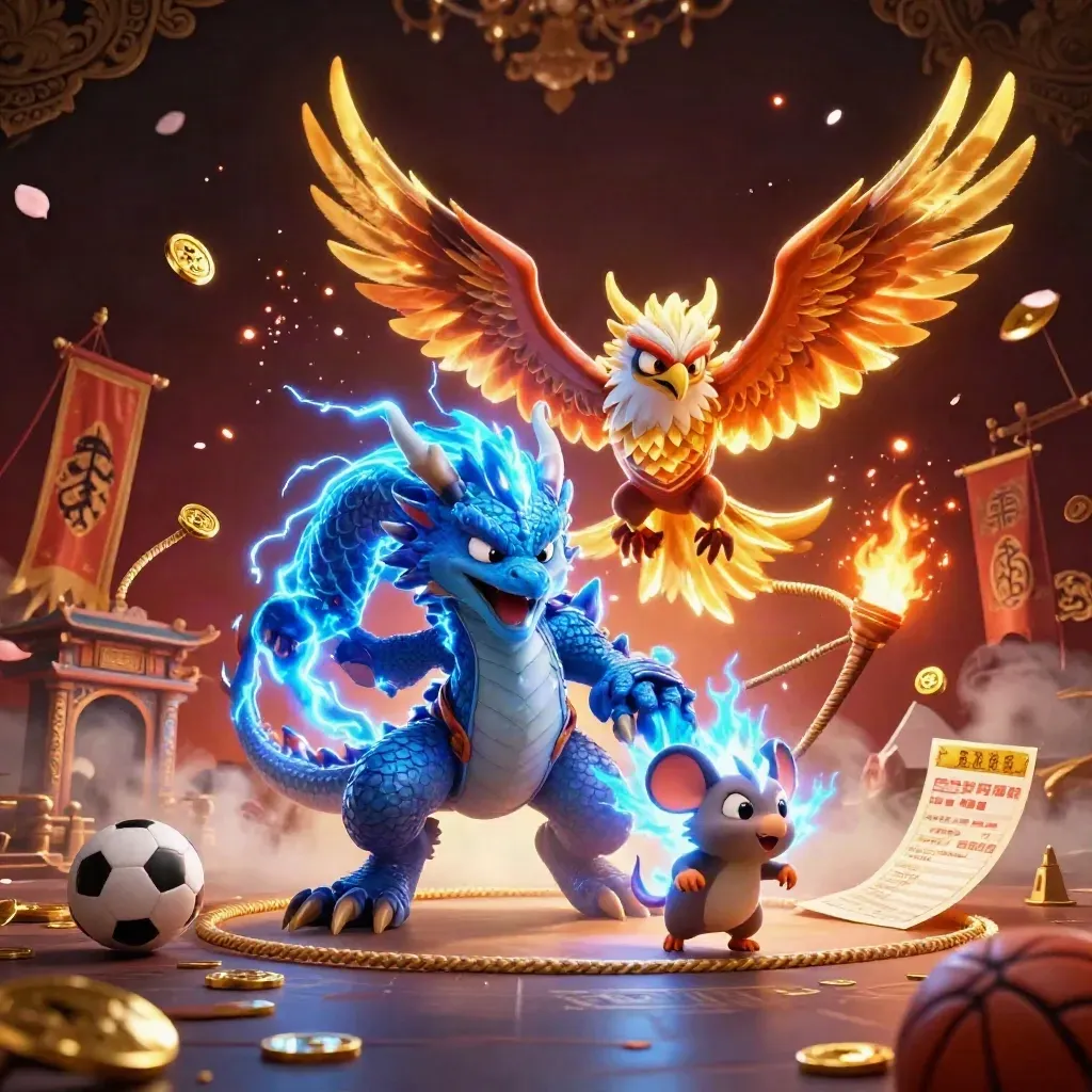 Thunder dragon, wind hawk, and static mouse amid casino effects and sports props.