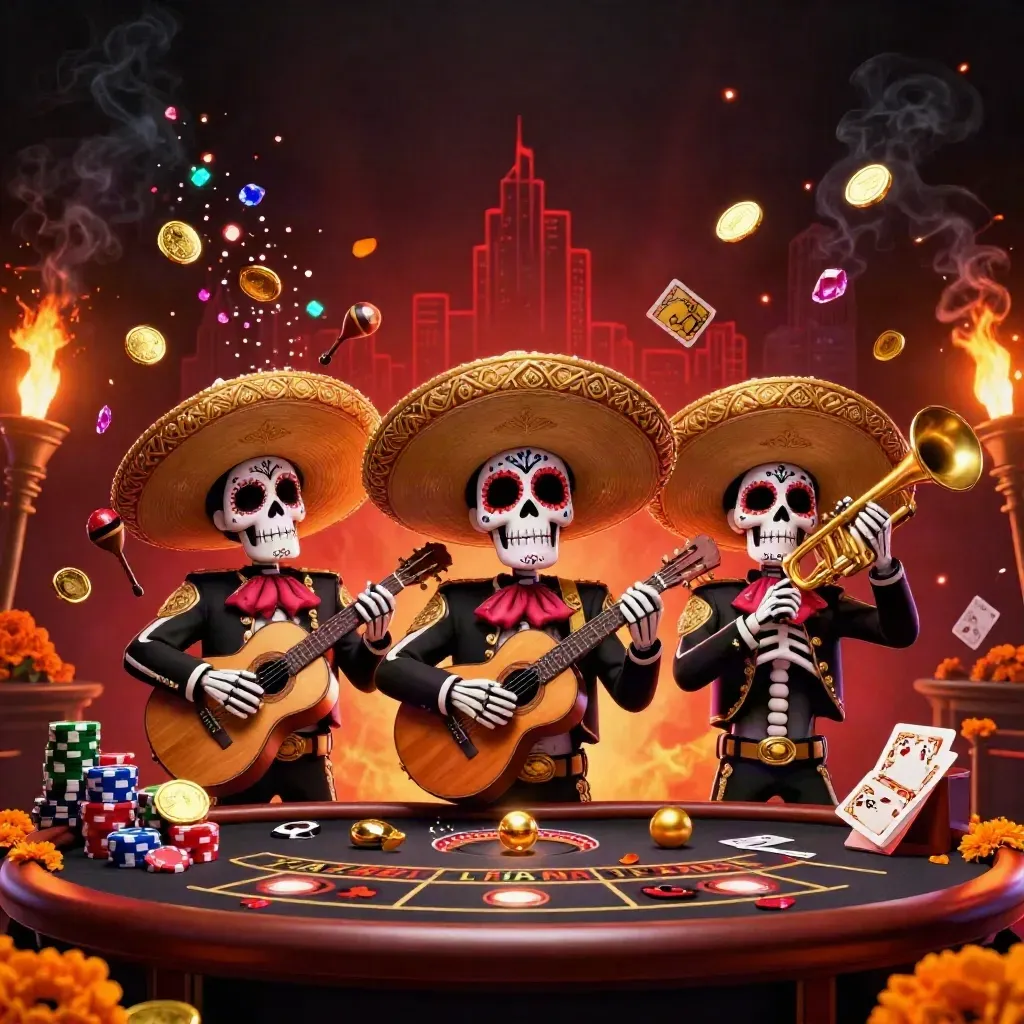 Day-of-the-Dead mariachi skeleton trio with roulette wheel, coins, gems, and casino glow