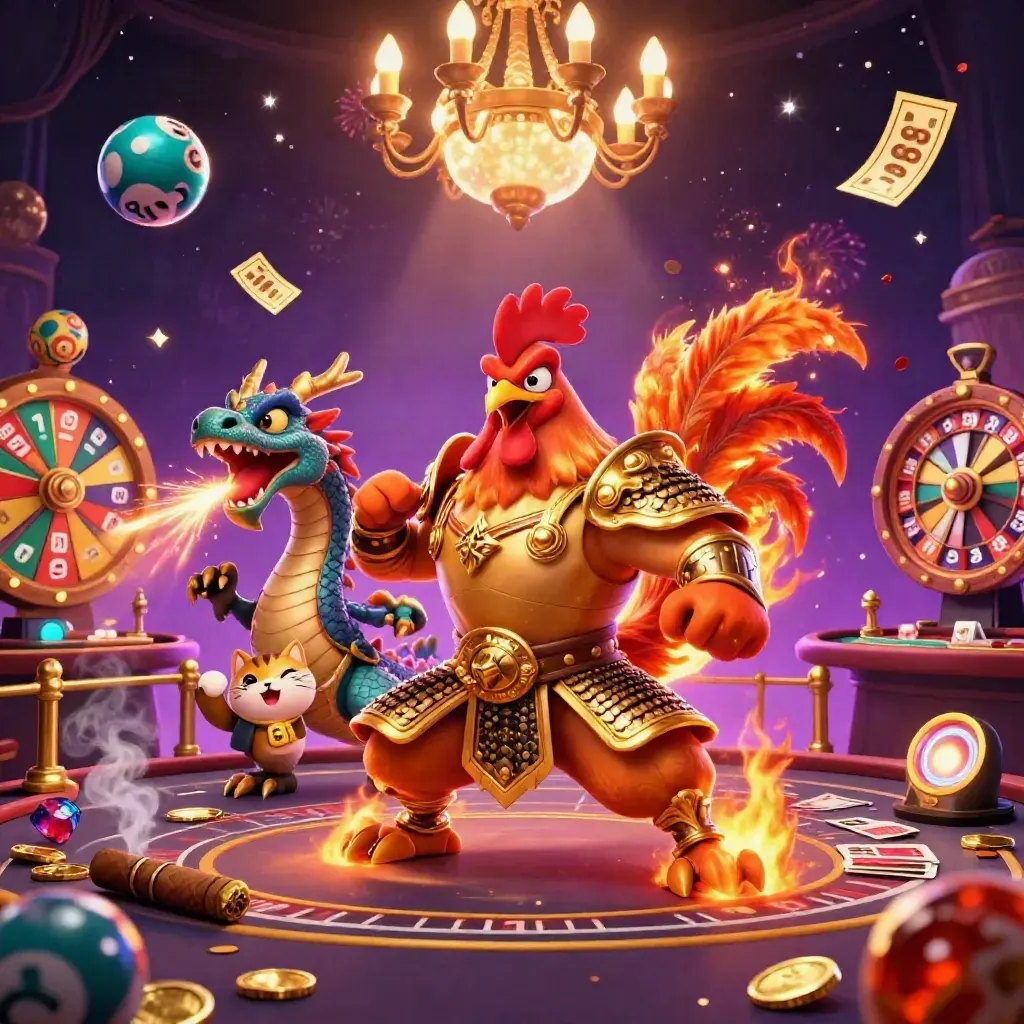 Rooster samurai, dragon hatchling, and fortune cat in a glowing casino with spinning game props.