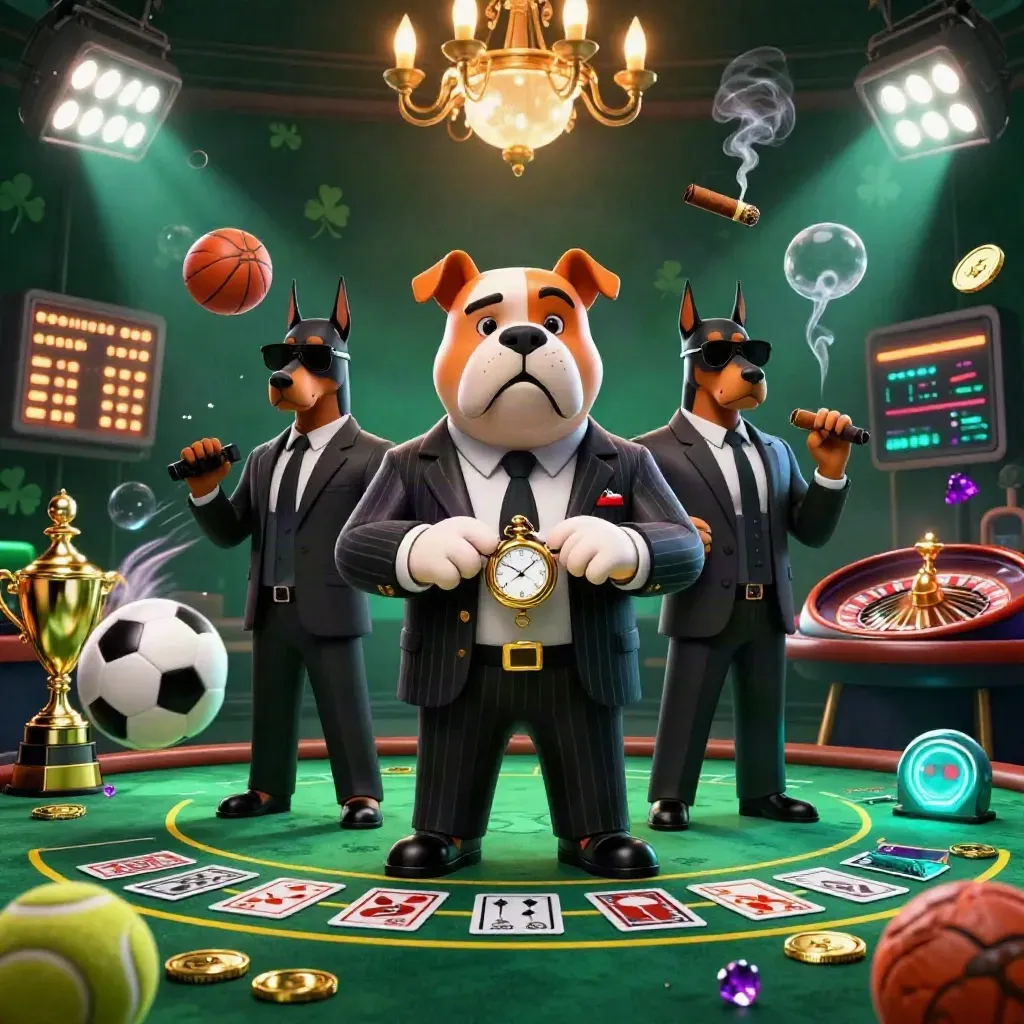 Bulldog boss with Doberman guards in a neon casino, with balls, coins, trophy, and roulette wheel