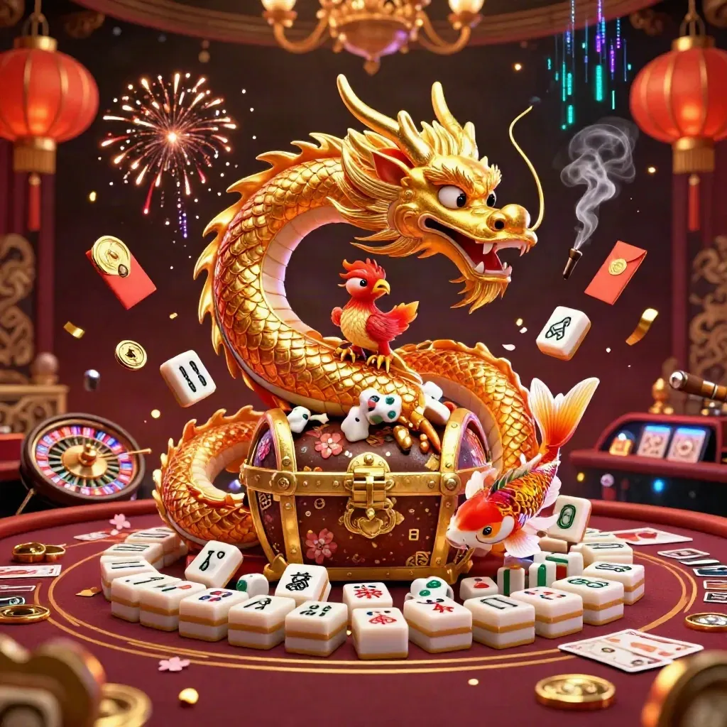Golden dragon, phoenix, and koi in a neon casino room with lanterns, coins, and a spinning roulette wheel.