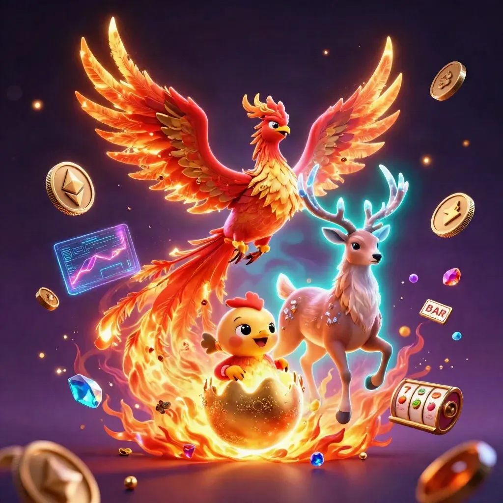 Fire phoenix, hatching chick, and crystalline stag amid casino coins, reels, and neon energy