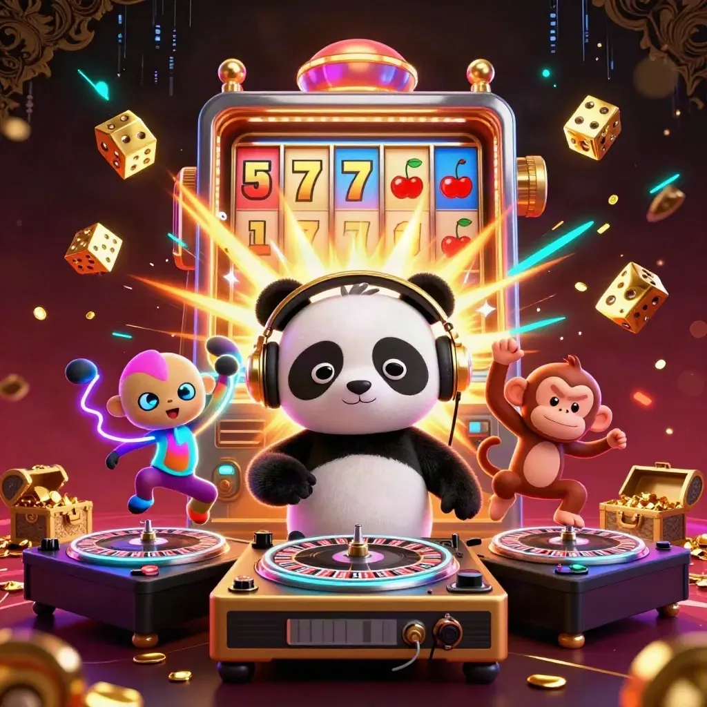 DJ panda, breakdancing monkey, and rave kitten explode amid casino loot and neon cyan energy