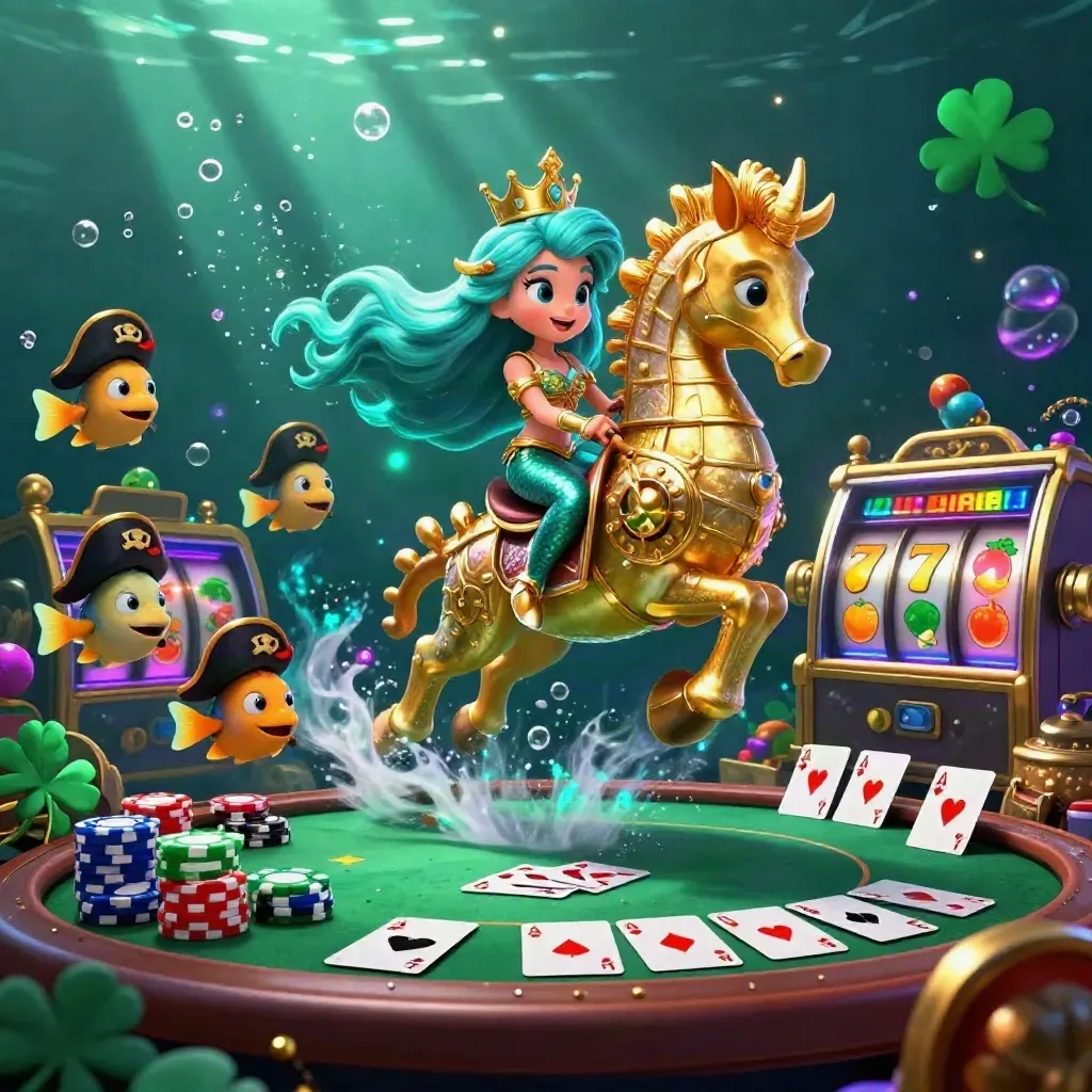 Mermaid princess on a gold seahorse amid poker chips, cards, and glowing casino treasure underwater.