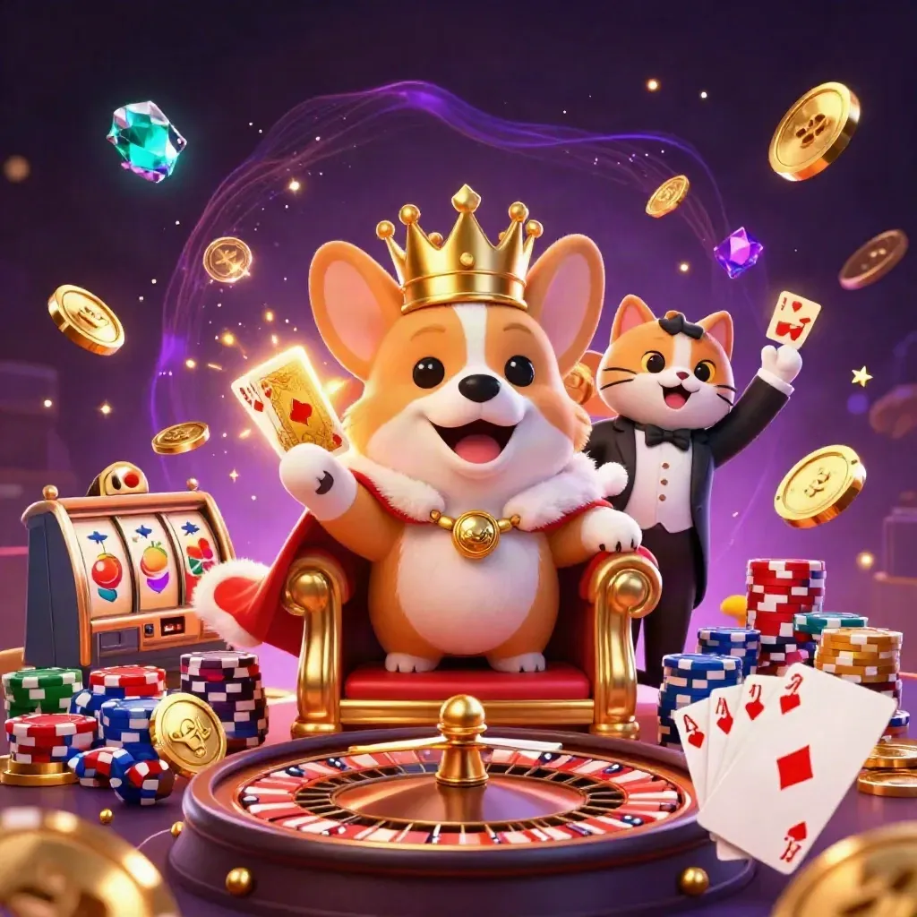 Royal corgi and cat butler burst with chips, coins, gems, roulette wheel, and casino glow.