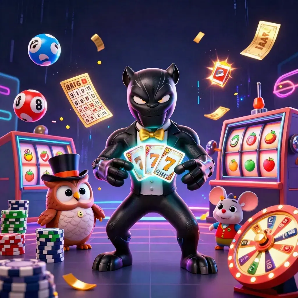 Panther, owl, and mouse amid neon casino magic, chips, cards, and bursting gold confetti.