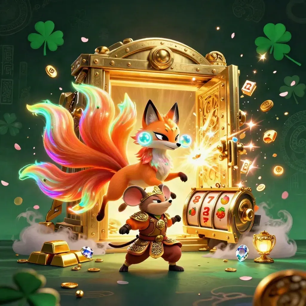 Neon fox spirit and armored mouse before a treasure vault, with gems and slot icons bursting out