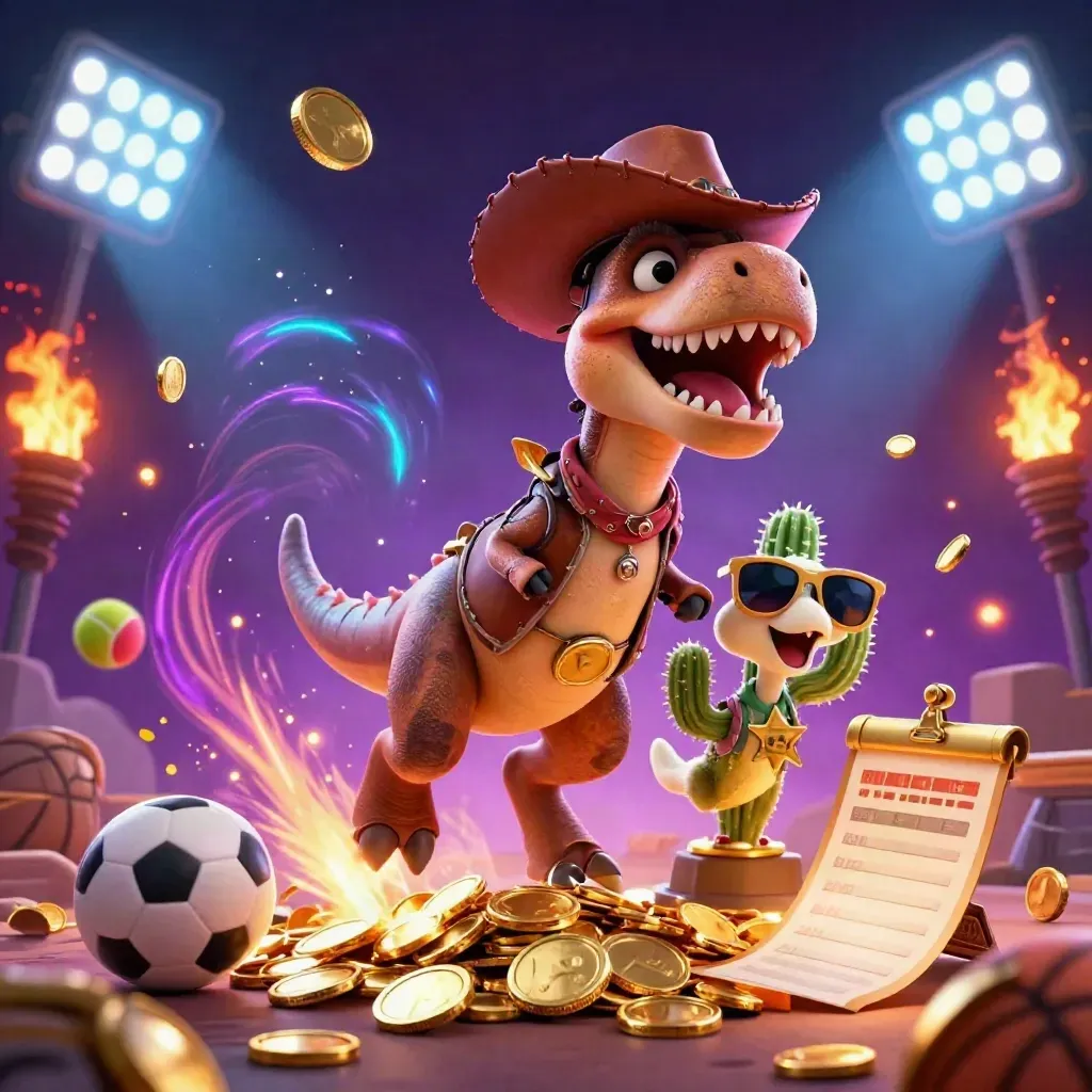 Cowboy T-Rex, cactus sidekick, and roadrunner amid coins, trophy, and fireworks