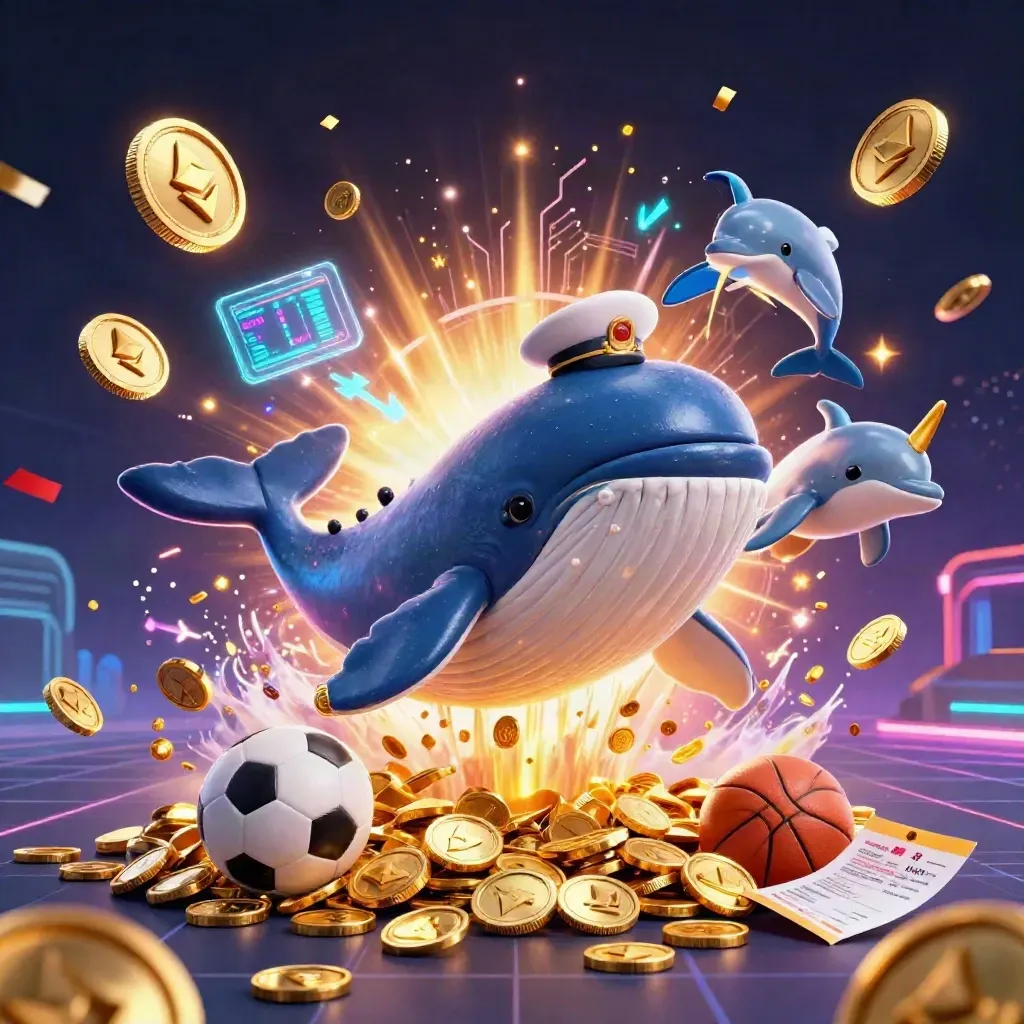 Captain whale, narwhal, and dolphins burst from coins amid casino lights and fireworks.