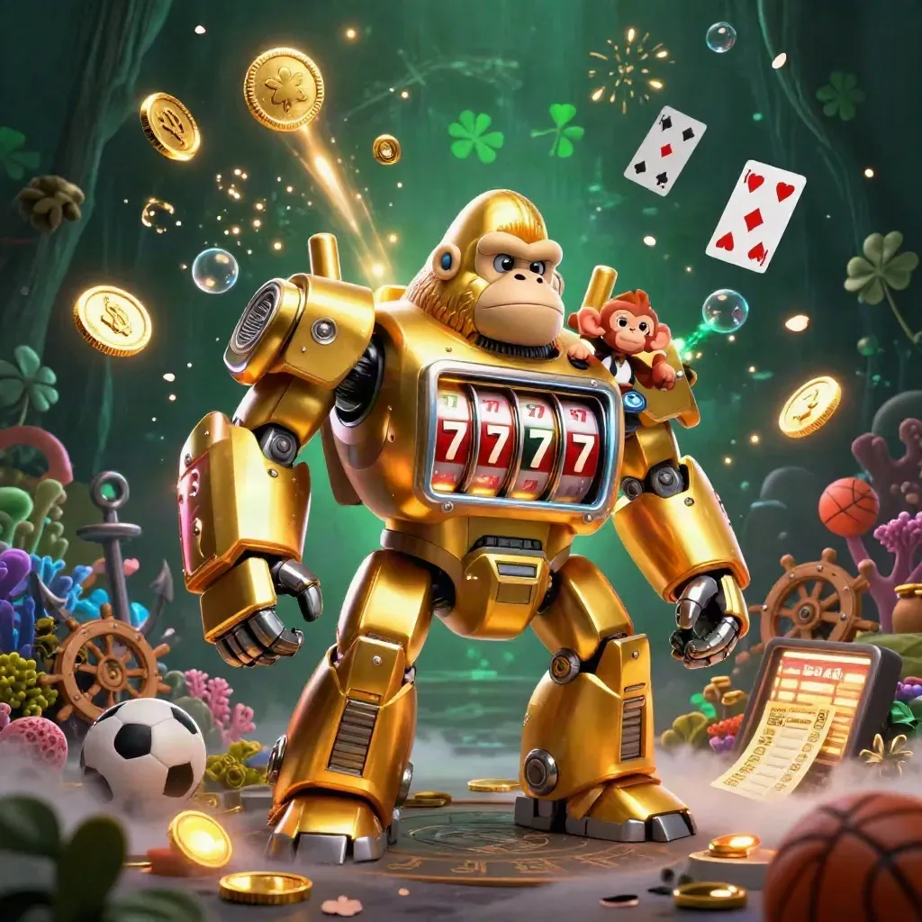 Golden gorilla mech bursts coins in an underwater treasure cove with a tiny monkey pilot.