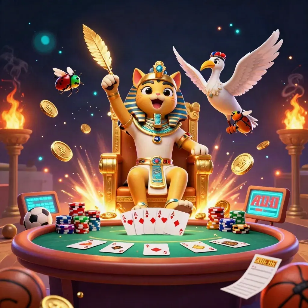 Pharaoh cat, ibis, and gem-wing scarabs celebrate amid coins, chips, and casino glow.