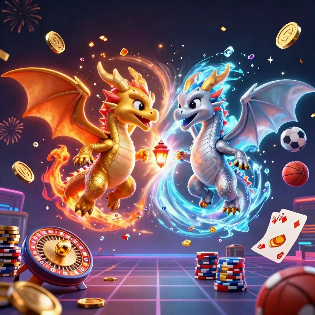 Gold and silver dragons swirl with coins, chips, roulette, fireworks, and neon casino energy.