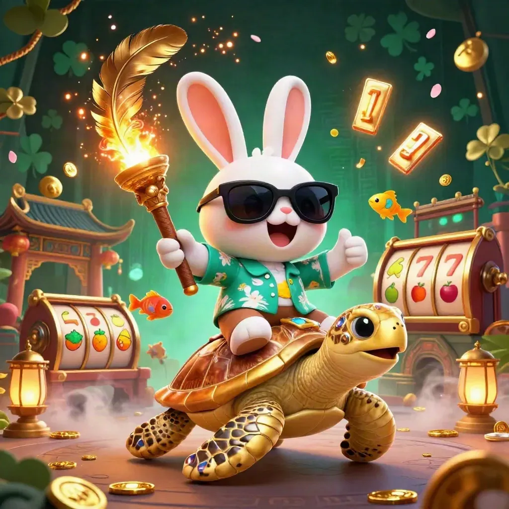 Lucky rabbit rides a golden turtle amid casino symbols, glowing runes, and tropical flair.