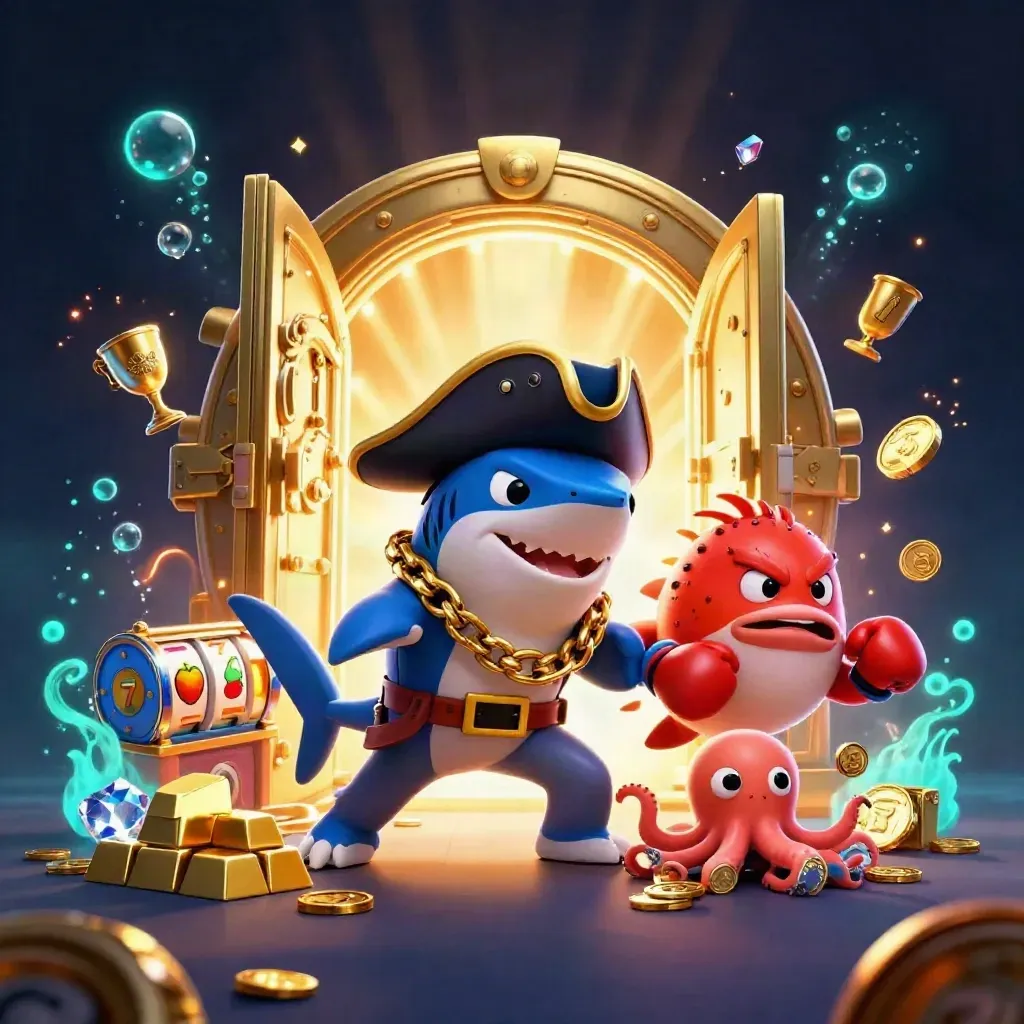 Pirate shark, boxing pufferfish, and coin-juggling octopus amid glowing treasure and slot symbols.