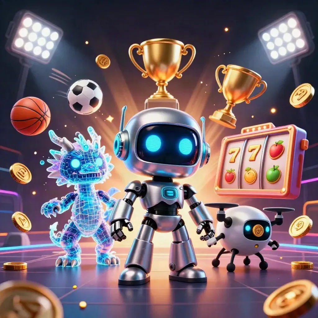 Chrome robot, holographic dragon, and coin drone amid casino sports chaos and glowing slots.