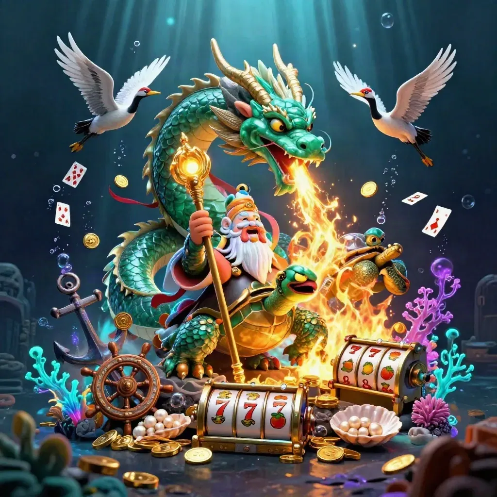 Emerald dragon, turtle sage and cranes over a glowing underwater casino treasure cove