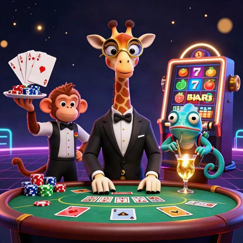 Giraffe, monkey valet, and chameleon bartender at a glowing VIP poker table with casino effects.