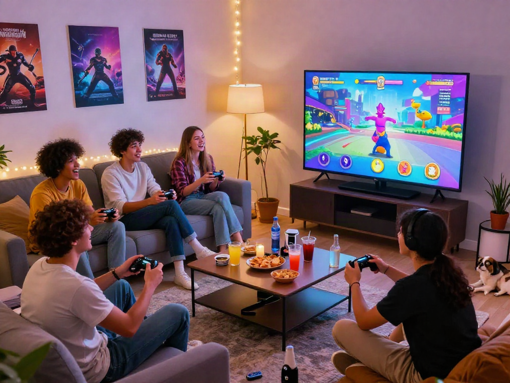 Diverse group enjoying a porn game together in a lively living room, showcasing gaming culture and community.