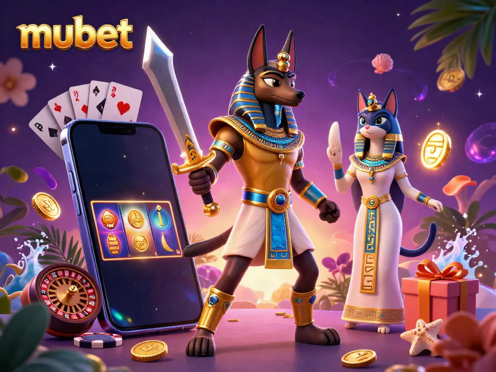 Mubet showcases an ancient Egyptian warrior Anubis, a sacred cat, and slot games bursting with coins.