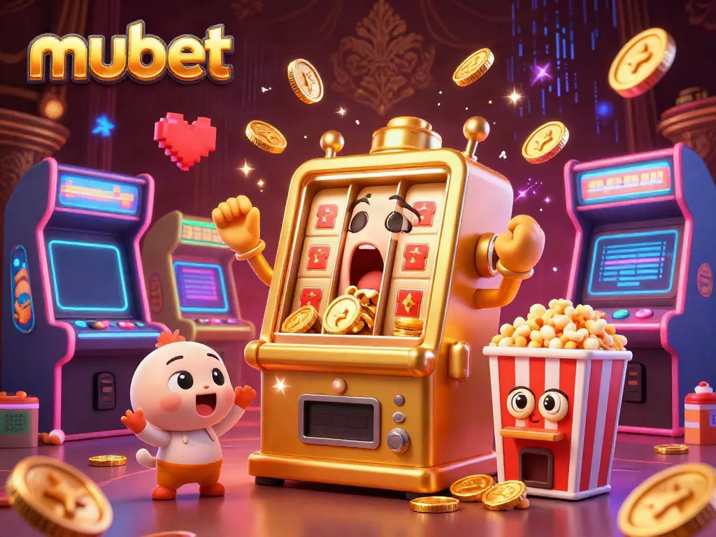 Mubet sparks excitement with a golden slot machine celebrating a jackpot in a colorful casino scene.