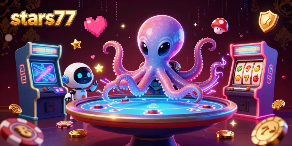 Menangkan jackpot di stars77 dengan alien kartun dan mesin slot yang berkilau.