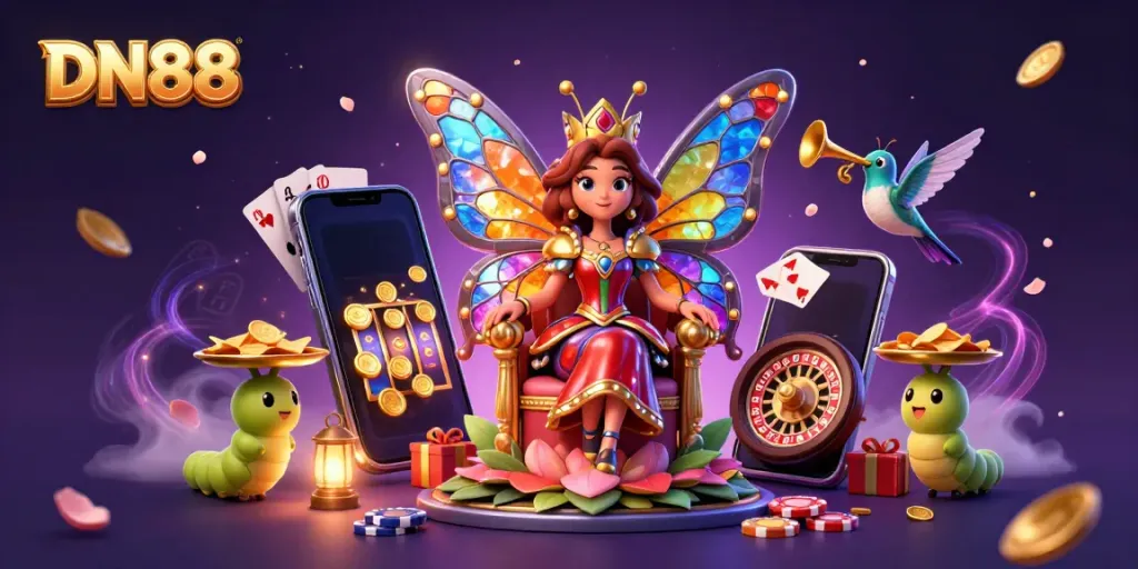 Experience the excitement at DN88 with a vibrant 3D illustration of a butterfly queen in a colorful casino setting.