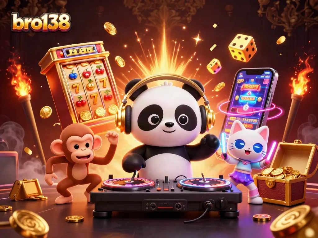 Experience the excitement of bro138 with vibrant characters and a jackpot explosion in a lively casino scene.