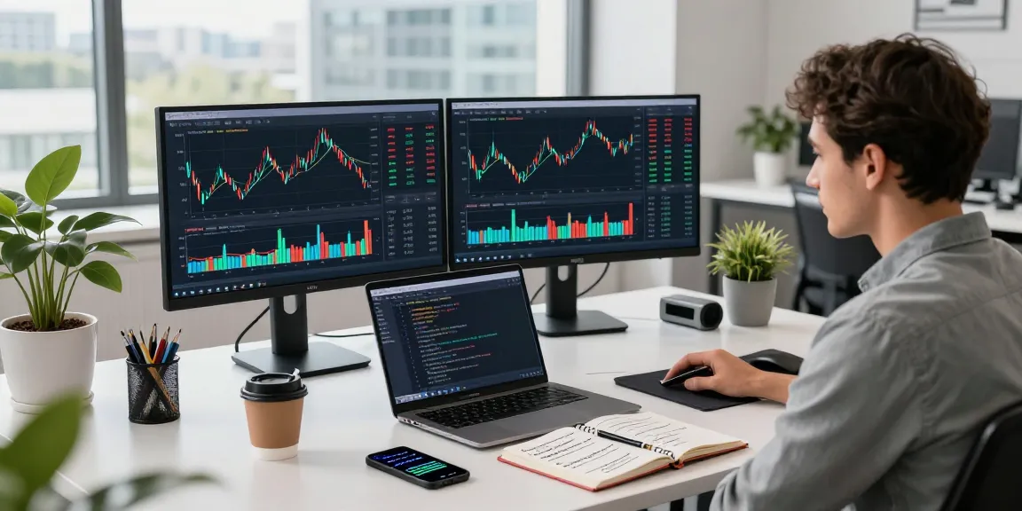 Developer analyzing Germany stock fundamental data API on dual monitors in a modern fintech workspace