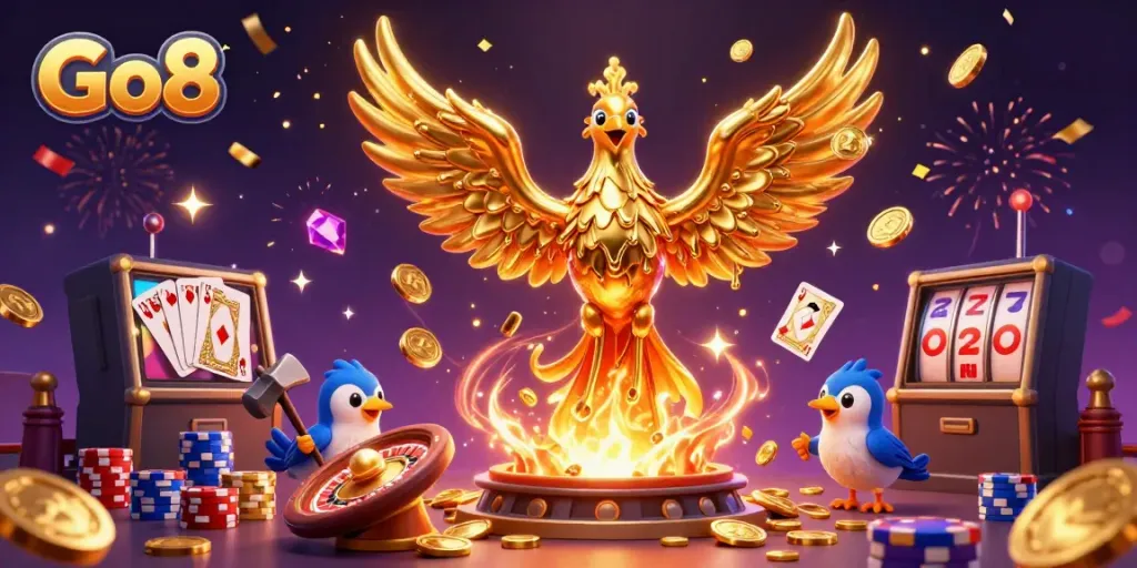 Engage with Go8's exhilarating casino experience featuring a golden phoenix amidst casino elements.