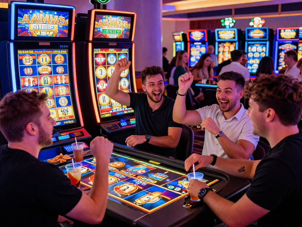 Giocatori felici al tavolo mentre provano le slot non AAMS in un casinò vivace.
