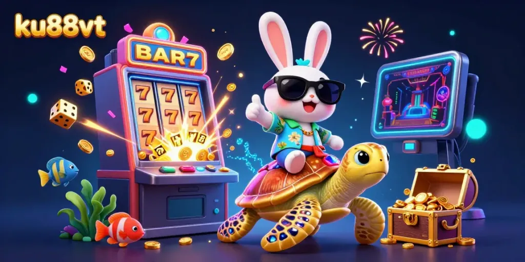 Join the fun at ku88vt with a lucky rabbit and golden sea turtle in this vibrant gaming illustration.