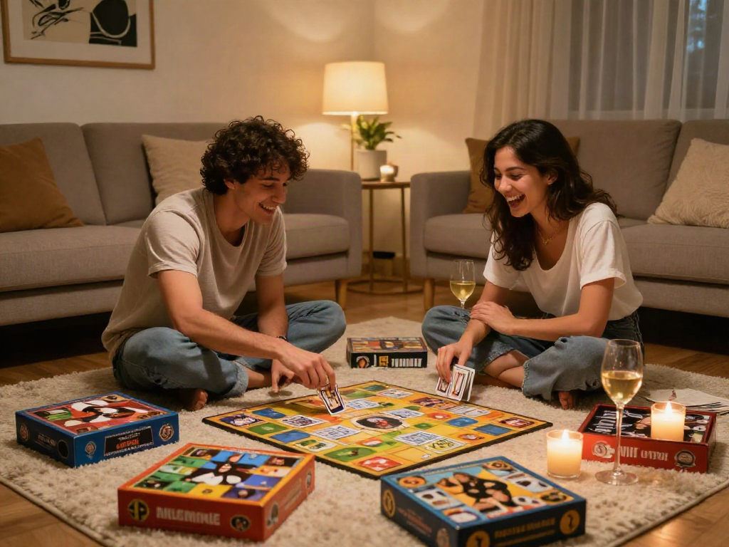Couple enjoying a sex game night with engaging board and card games in a cozy living room.