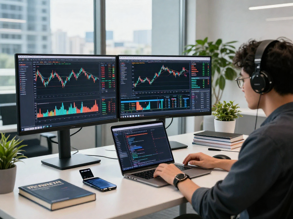 使用德股基本面数据接口的金融科技开发者在现代办公室分析全球股市数据。