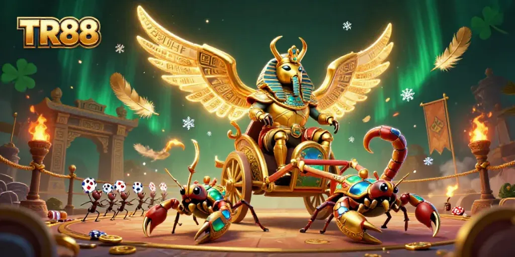 Experience thrilling casino action with TR88 as a golden scarab rides chariot while poker chips fly.