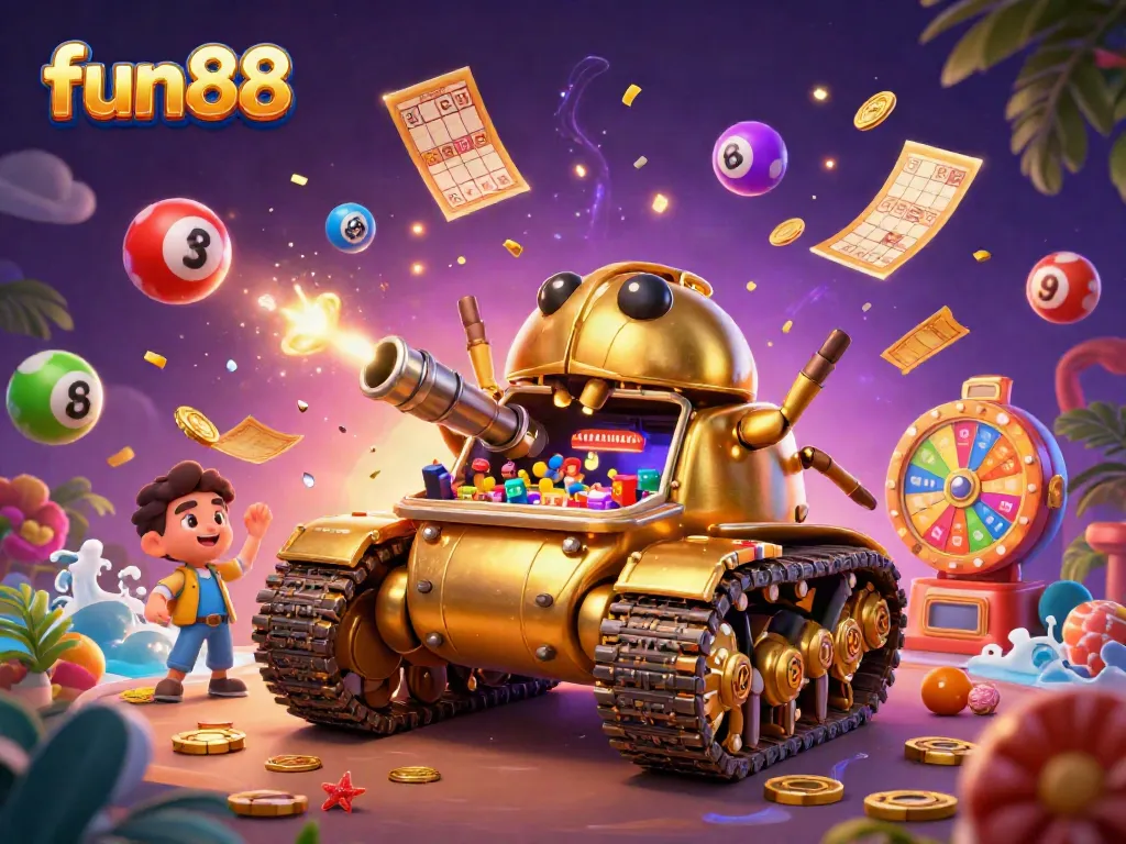 Engage with fun88's vibrant online casino experience featuring a dazzling 3D golden beetle tank setup bursting with excitement.