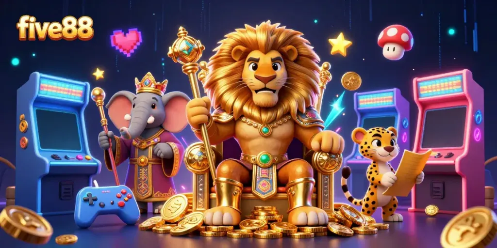 Experience the excitement of five88 with a dynamic casino scene featuring iconic characters and gaming elements.