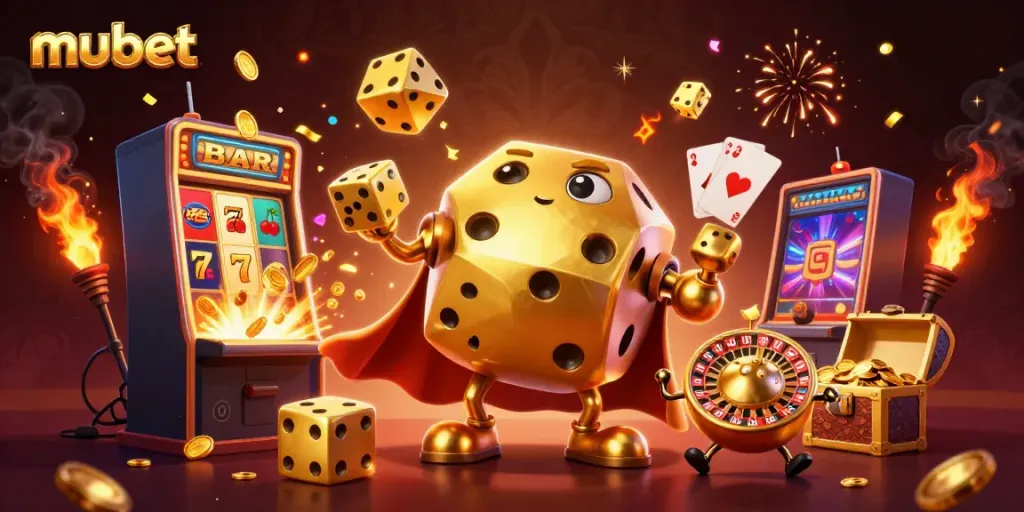 Experience mubet's thrilling casino action with vibrant dice and jackpots in a festive 3D scene.