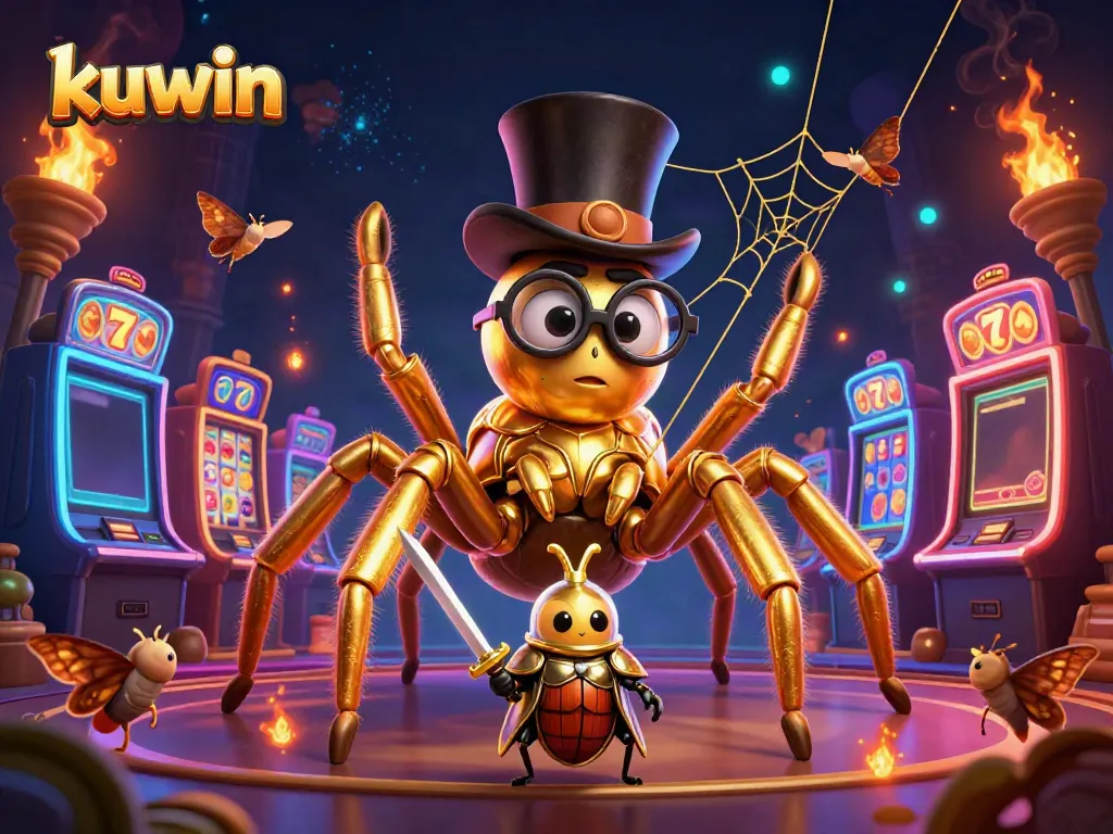Kuwin's dynamic golden tarantula and beetle knight battle beside colorful slot machines.